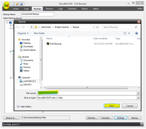 NovaBACKUP Screenshot - Save Incremental Backup