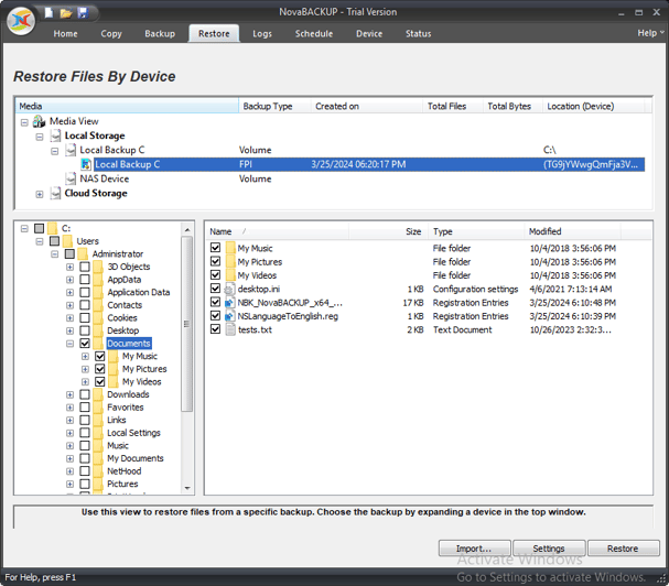 Restore view for file and folder restore