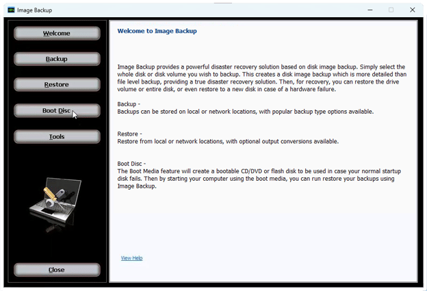 Boot disc image backup wizard