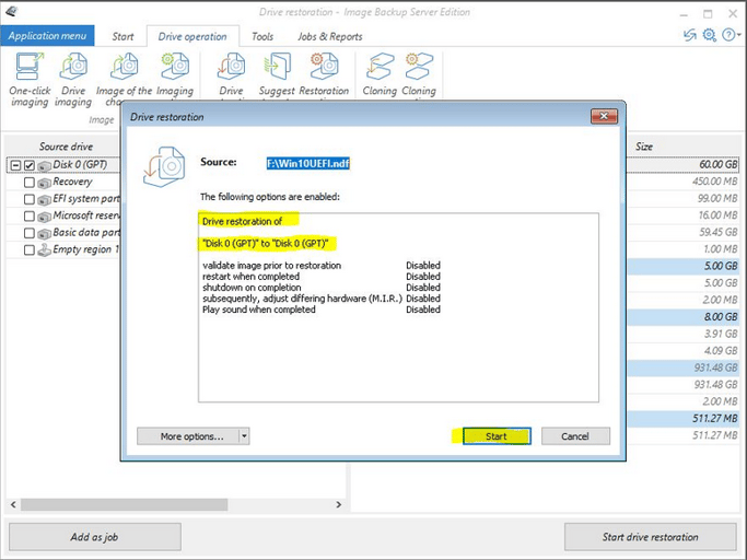 Confirm disaster recovery image restore settings