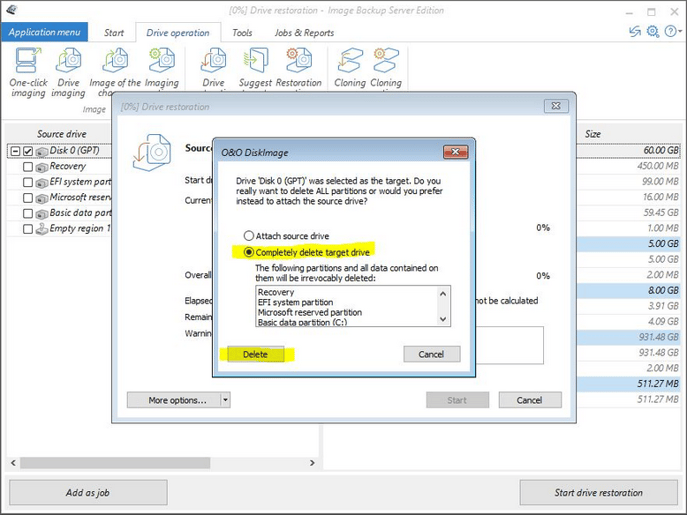 Confirm deletion of existing data for disaster recovery image restore