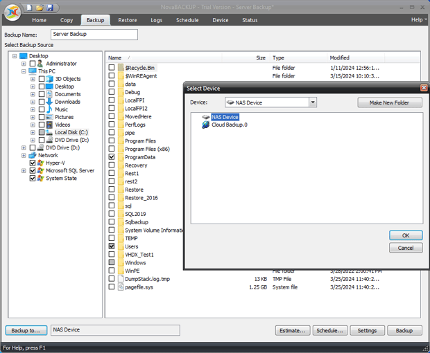 Select Backup Device for File Backup