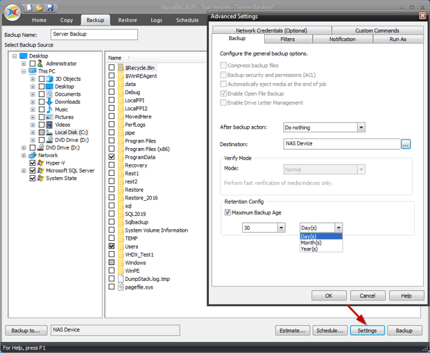 Backup Settings for Backup Job