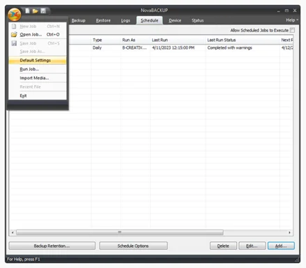 NovaBACKUP Default Settings