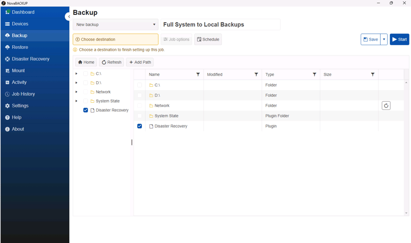 Select Disaster Recovery in Backup Job